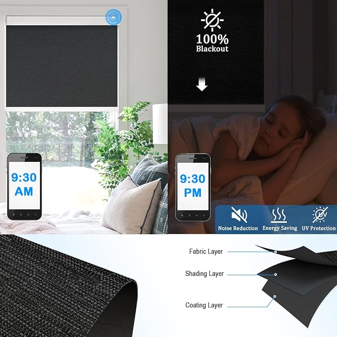 Motorized Blinds with Remote Cordless Automatic Motorized Shades Custom Blinds for Windows Smart Curtains Compatible with Alexa Google Home(Blackout Jacquard Black,W30 x H72in)