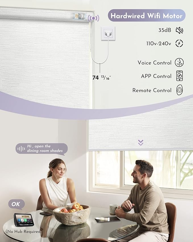 Graywind Motorized Shades 100% Blackout Compatible with Alexa Google WiFi Hardwired Smart Roller Shade Remote Control Automated Blinds, Customized Size (Jacquard White)