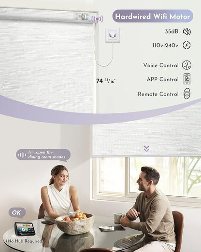 Graywind Motorized Shades 100% Blackout Compatible with Alexa Google WiFi Hardwired Smart Roller Shade Remote Control Automated Blinds, Customized Size (Jacquard White)