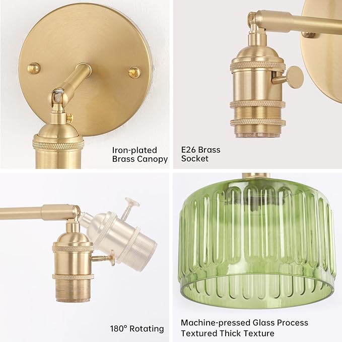Vintage Battery Operated Wall Sconce with Green Striped Glass Lampshade 5000 mAh Rechargeable Battery Powered Wall Light with Remote Control for Bedside Bedroom Doorway, Set of 2