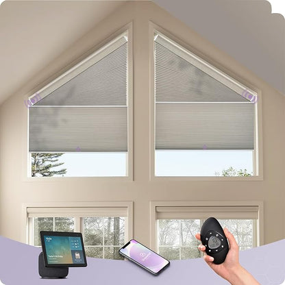 Graywind Smart Angled Blinds Compatible with Alexa Google Motorized Right Trapezoid Shades Solar Powered Customized for Odd-Shaped Window (Dimout Melange Coffee)