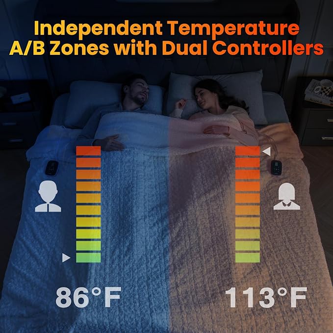 WOOMER Heated Blanket Queen Size 84" x 90", Electric Blanket with Dual Controls, 0.5-12 Hours Timer & 10 Heating Levels, ETL Certified, White Rose Patterns Faux Fur & Sherpa, Machine Washable