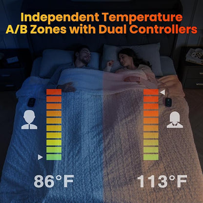 WOOMER Heated Blanket Queen Size 84" x 90", Electric Blanket with Dual Controls, 0.5-12 Hours Timer & 10 Heating Levels, ETL Certified, White Rose Patterns Faux Fur & Sherpa, Machine Washable