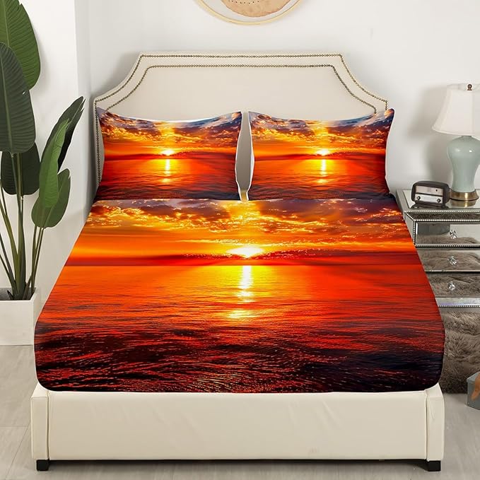 Manfei Sea Sunset Kids Sheet Set Full Size, Tropical Ocean Theme Bedding Set for Boys Girls Teens Bedroom Decor, Sunset Landscape Bed Sheet Set 4pcs (Fitted Sheet, Flat Sheet, 2 Pillowcases)