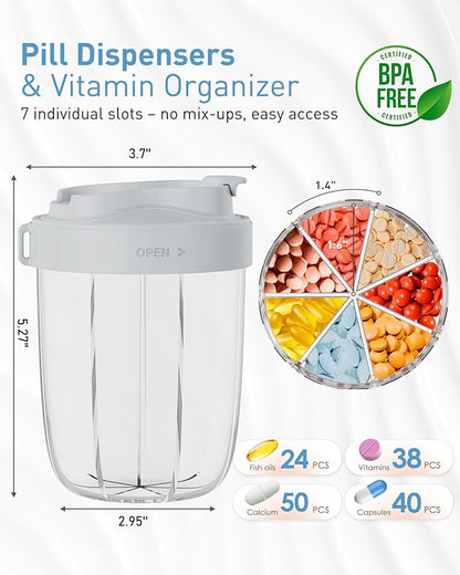 Large Pill Organizer,Supplement Organizer for 7 Different Vitamins,Pill Dispenser with Anti-Mixing Design,Easy to Retrieve Meds,Includes 20 Pcs Labels,Travel Pill Organizer(Gray)