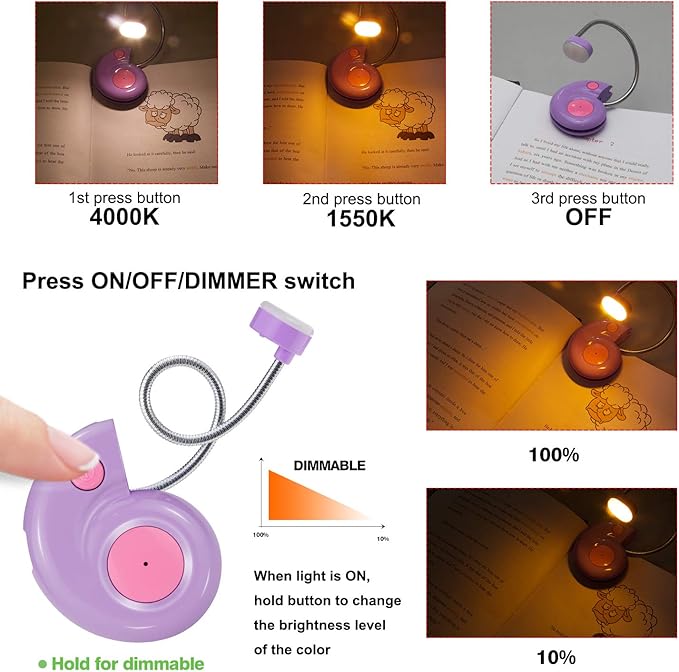 Kids Rechargeable Book Light, Clip on Reading Light for Kid, Kids Reading Lights, Amber Book Light for Reading in Bed, 2 Lighting Modes, Blue Light Blocking, Bookmark Light for Bookworms-Violet