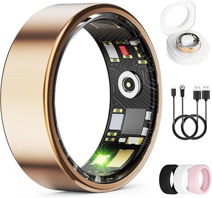 Smart Ring for Women & Men, Health Tracker Ring with Heart Rate, Blood Oxygen,Blood Pressure, IP68 Waterproof Fitness Ring, Sleep Tracker for iPhone and Android, No APP Fee (Rose Gold, 10#)
