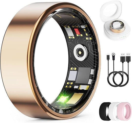 Smart Ring for Women & Men, Health Tracker Ring with Heart Rate, Blood Oxygen,Blood Pressure, IP68 Waterproof Fitness Ring, Sleep Tracker for iPhone and Android, No APP Fee (Rose Gold, 10#)