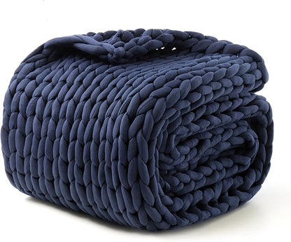 Hand-Knit Weighted Blanket for Adults, Chunky Knit Blanket, Cooling,Breathable,Sustainable,Machine Washable,Organic Cotton,Valentine's Day Birthday Gifts for Mom Women(Blue,48"*72",12lbs)