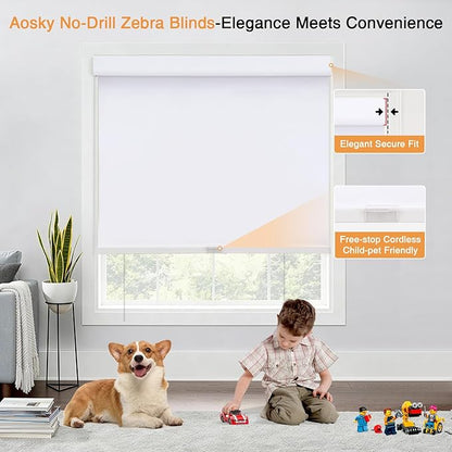 AOSKY No Drill Cordless Blackout Roller Shades with Valance,Customize Blinds for Indoor Windows,Room Darkening Window Shades Pull Down with Free-Stop Spring System, UV Protection for Home White
