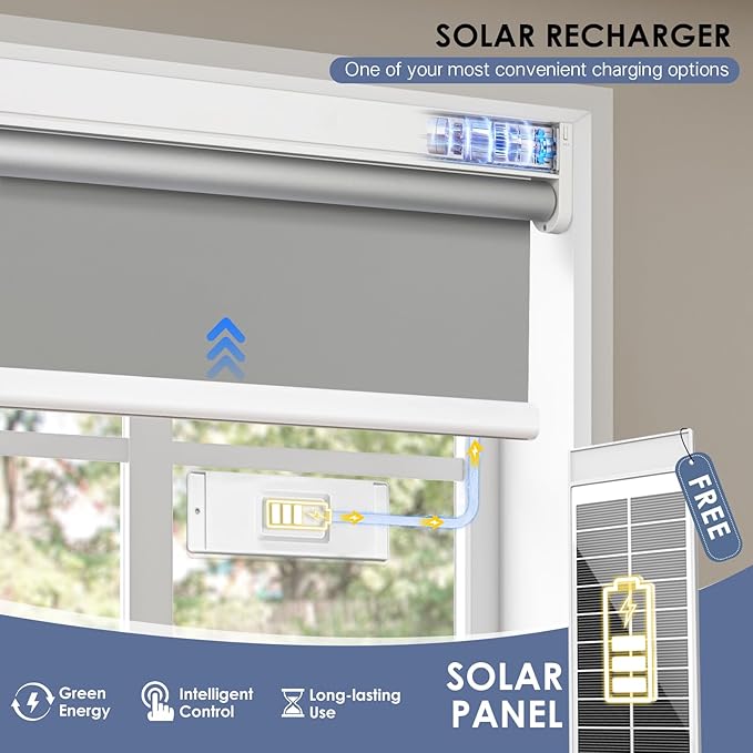 Motorized Roller Blinds with Remote Control & Solar Panel - 100% Blackout Smart Blinds, Automatic, Cordless, Electric Shades - Compatible with Alexa - Grey, 34" W x 72" H