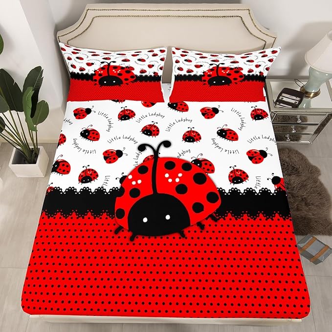 Manfei Ladybug Kids Sheet Queen Size,Red Black Ladybird Beetle Insect Rustic Girls Boys Bedding Set Decor,Geometric Polka Dots Abstract Cartoon Bed Sheet Set 4pcs(Fitted + Flat + 2 Pillowcases)