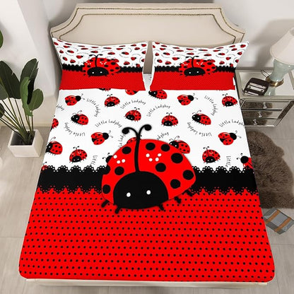 Manfei Ladybug Kids Sheet King Size,Red Black Ladybird Beetle Insect Rustic Girls Boys Bedding Set Decor,Geometric Polka Dots Abstract Cartoon Bed Sheet Set 4pcs(Fitted + Flat + 2 Pillowcases)