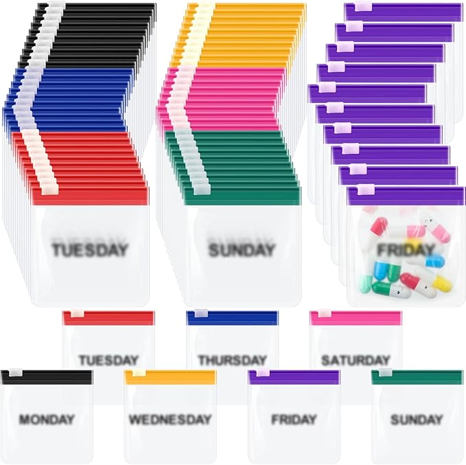 70 Pcs Weekly Pill Pouch Bags Zippered Reusable Medicine Organizer Set Self Sealing Medicine Organizer Travel Plastic Pill Bags with Slide Lock for Small Items Storage(Colored)