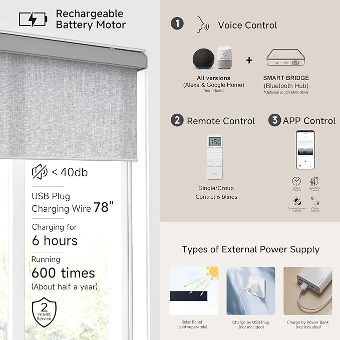 Motorized Light Filtering Roller Shades with Remote Control, Electric Smart Shades Compatible with Alexa and Google, Rechargeable, Customizable Size (Textured Light Gray)
