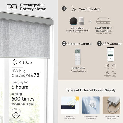 Motorized Light Filtering Roller Shades with Remote Control, Electric Smart Shades Compatible with Alexa and Google, Rechargeable, Customizable Size (Textured Light Gray)