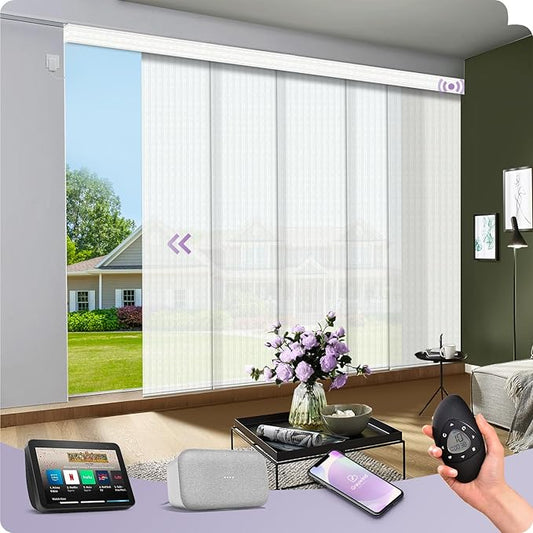 Graywind Motorized Natural Sliding Panels Compatible with Alexa Google Light Filtering Smart Panel Track Blinds for Patio Sliding Door, Custom Size (Cotton)