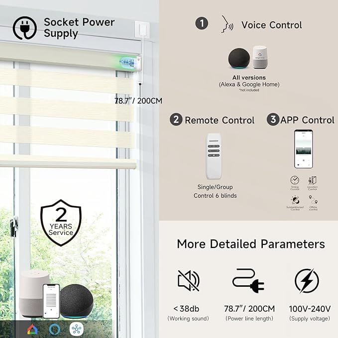 Motorized Zebra Blinds, Cordless Blackout Window Shades with Remote, Custom Dual Layer Smart Roller Shades Compatible with Alexa Google Assistant, Automatic Light Filtering Blinds,Luxury Beige