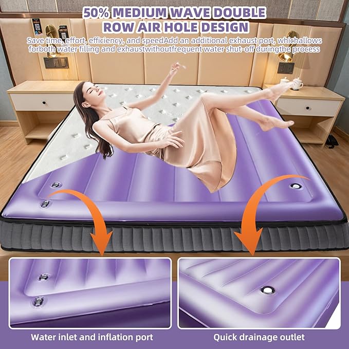 Semi Waveless Water Bed Mattress King Size (76x80 Inches) - Foldable Softside Waterbed with Smart Thermostats & Fill/Drain Kit | Soft Cover for Adults & Kids