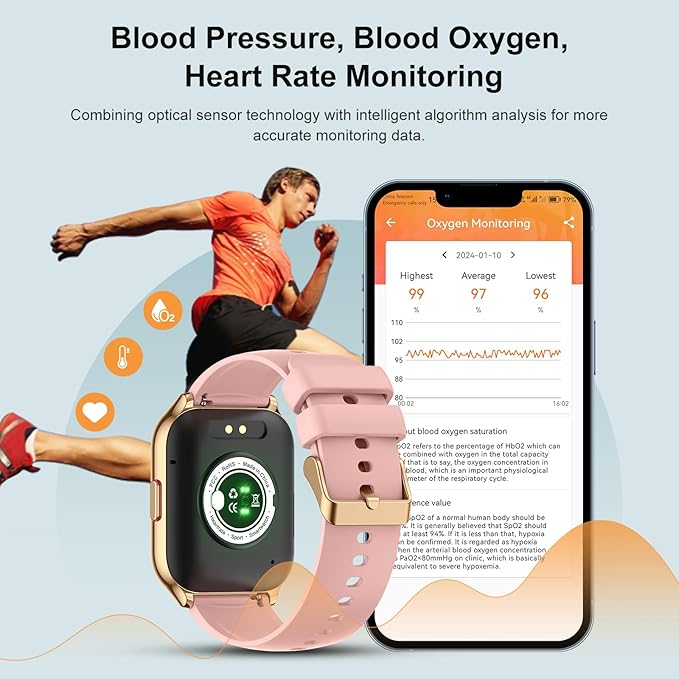 Smart Watch for Women, 2.01" HD Display Fitness Tracker with 107+ Sports Heart Rate Blood Pressure Blood Oxygen Sleep Monitor, IP68 Waterproof Smartwatch Compatible with Android iOS iPhone Phone