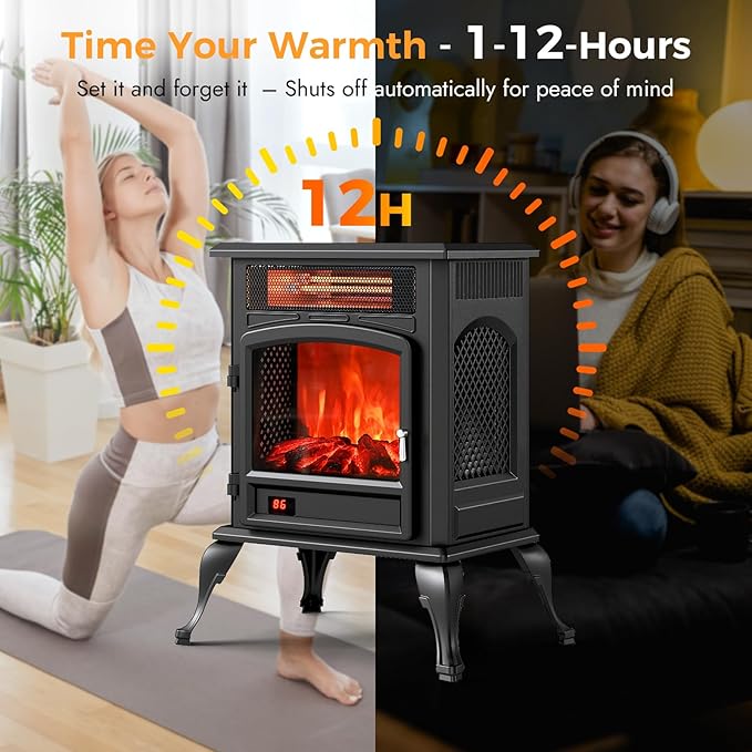 Electric Fireplace Stove Heater - Freestanding Electric Fireplace Heater with 3D Flame Effect, 1500W Infrared Electric Stove Heater for Indoor Use with Thermostat, Tip-Over&Overheat Protection
