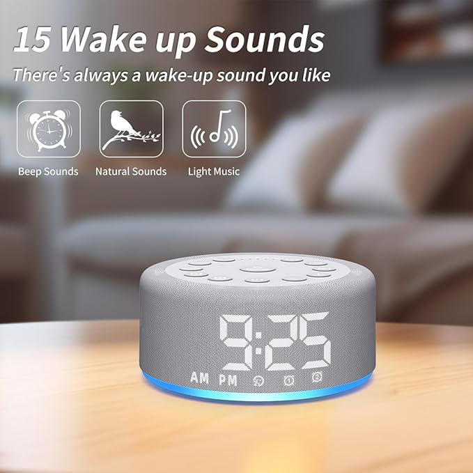 Plug-in Sound White Noise Machine Backup Battery Alarm Clock Brown Noise Machine with Night Light Dual Alarms 30 Sleeping Sounds for Baby Kids Adults 36-Level Vol 5 Timers 15 Wake Up Sounds & Memory