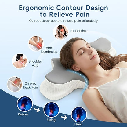 Cervical Neck Pillow for Pain Relief, Ergonomic Contour Pillow for Sleeping, 2 Heights Cooling Pillow for Neck and Shoulder Support, Memory Foam Orthopedic Pillow for Side Back Stomach Sleepers