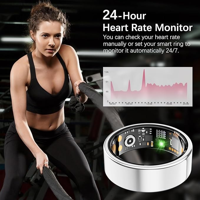 Ring Health Tracker for Women Men, Fitness Ring with Heart Rate,Blood Oxygen,Sleep Monitor,Calories, Step Counter, IP68 Waterproof Smart Ring for iPhone & Android, No Subscription Fee (Silver, 12#)