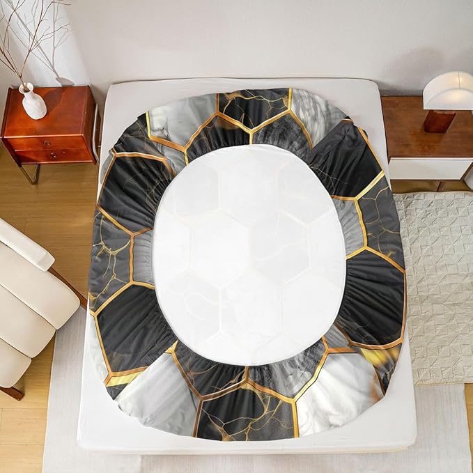 Marble Kids Full Size Fitted Sheet,Geometric Honeycomb Modern Boys Girls Bed Sheets,Abstract Hexagon Futuristic Room Decor,Black Gray Bedding Set,2 Pillowcases(No Flat)