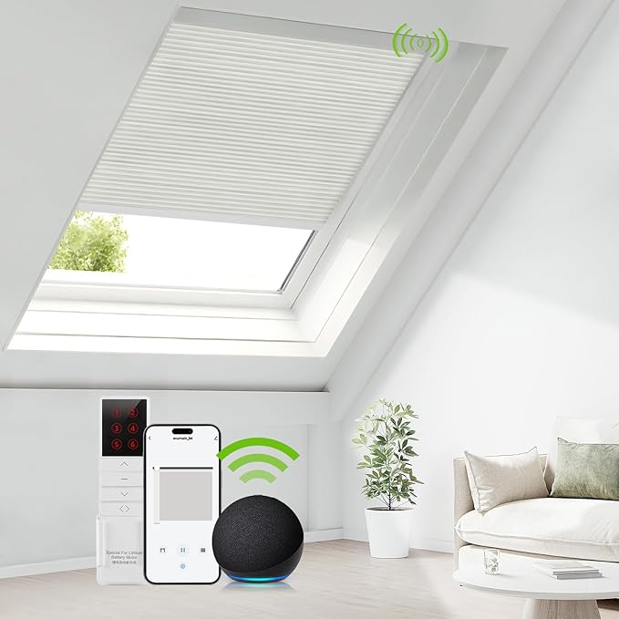 ZSTARR Motorized Skylight Shades Blackout Cellular Honeycomb Electric Blinds with Solar Panel Cordless Rechargeable with Remote for Roof and Slanted Windows Custom Size (LF Printed Milky Grey)