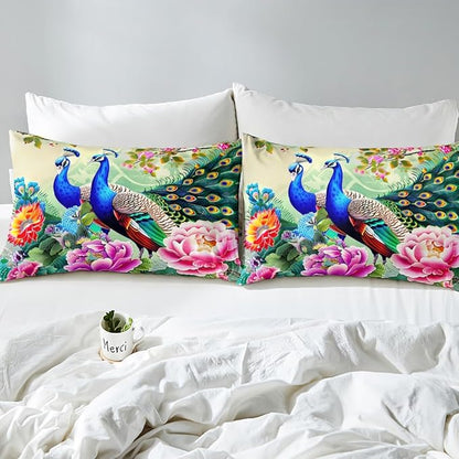 Manfei Peacock Sheet Full,Elegant Gorgeous Blue Feather Bedding for Teens Girls Woman Room Decor,Pink Flower Animal Theme Bed Sheet Set 4pcs with Deep Pocket Fitted Sheet + Flat Sheet + 2 Pillowcases