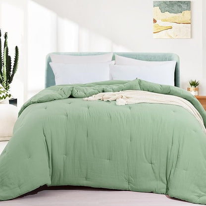 HOMBYS 100% Cotton Muslin Comforter Oversized King 120x120, Lightweight and Breathable Down Alternative Comforter,Soft Gauze Summer Sage Green Reversible Fluffy Duvet Insert