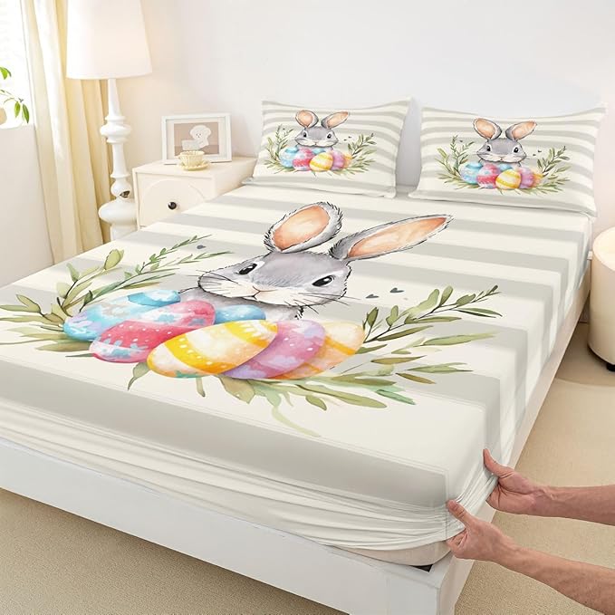 Kawaii Rabbit Bed Sheet Full Size Easter Egg Plant Animal Bedding Set Happy Easter Cartoon Fitted Sheet Kids Boys Girls Room Decor Beige Gray Soft Sheets with 2 Pillowcase,No Top Flat