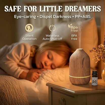 Essential Oil Diffuser, 100ml Aromatherapy Diffuser, Mini Ultrasonic Diffuser for Essential Oil, Home, Office, Cool Mist Humidifier with 7 Led Light, Auto Shut-Off, Wood Grain
