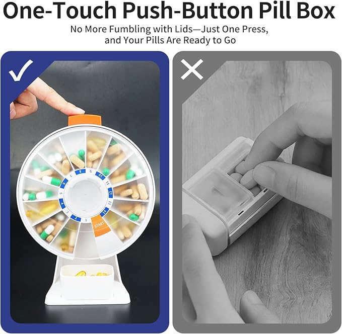 Cruxer Large Pill Organizer 7 Day 2 Times a Day & 14 Day Pill Dispenser, Arthritis Friendly Push-Button Design with Labels, Wall-Mounted & Standing Use, Weekly Pill Box for Vitamins & Medications