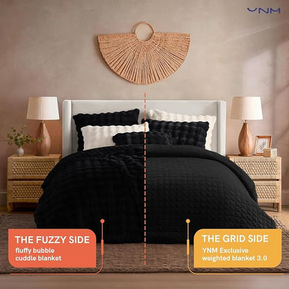YnM Ultra-Soft Weighted Blanket, Fluffy Bubble Cuddle Heavy Bed Blanket, Plush Faux Fur Big Comforter, Soft & Warm Home Decor Piece (Black, 90''x104'' 20lbs, King/Ca King)