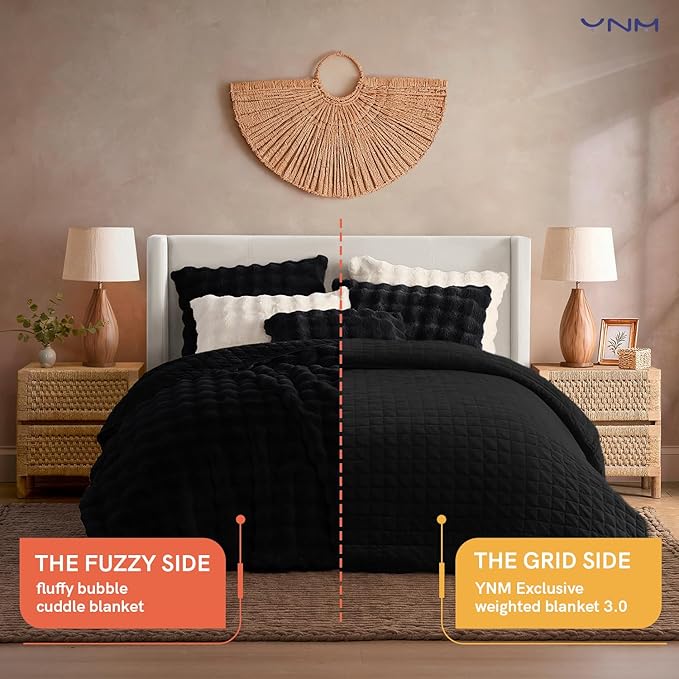 YnM Ultra-Soft Weighted Blanket, Fluffy Bubble Cuddle Heavy Bed Blanket, Plush Faux Fur Big Comforter, Soft & Warm Home Decor Piece (Black, 90''x90'' 25lbs, Full/Queen)