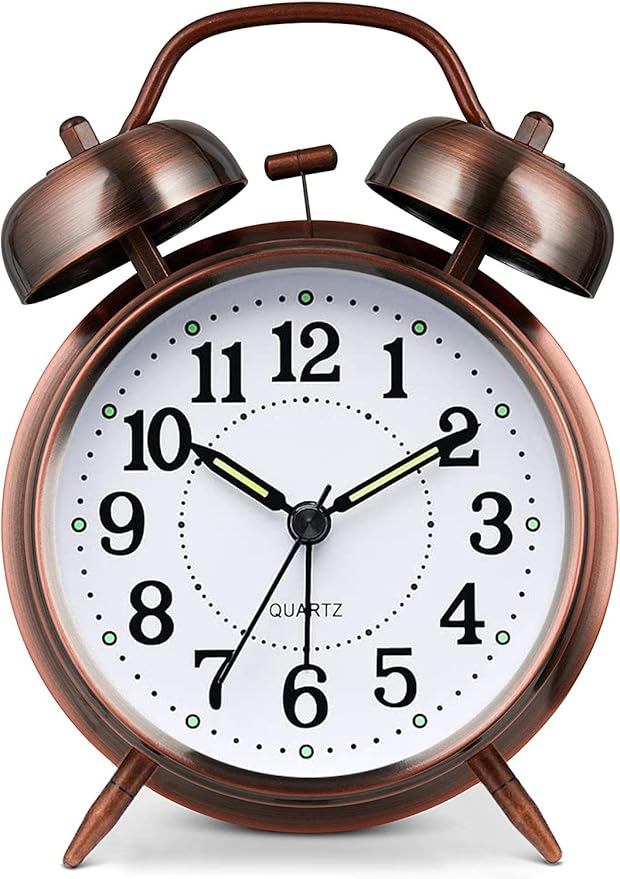 Loud Alarm Clock for Heavy Sleepers Adults, Metal 4 Inches Twin Bell Battery Operated Alarm Clocks for Bedrooms Decoration, Silent Non-Ticking, Back-to-School Gift (Red Brown)