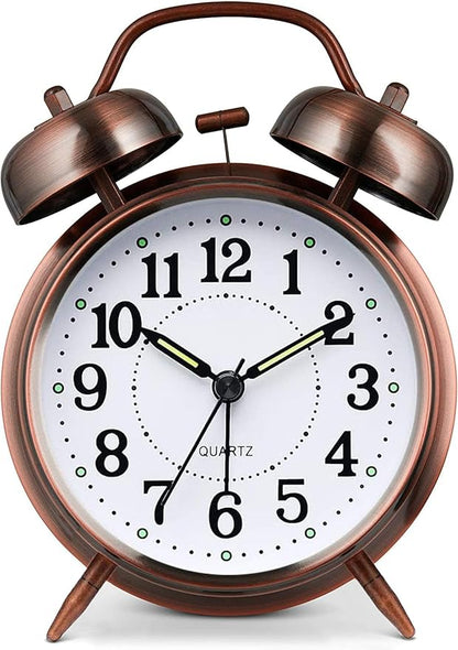 Loud Alarm Clock for Heavy Sleepers Adults, Metal 4 Inches Twin Bell Battery Operated Alarm Clocks for Bedrooms Decoration, Silent Non-Ticking, Back-to-School Gift (Red Brown)