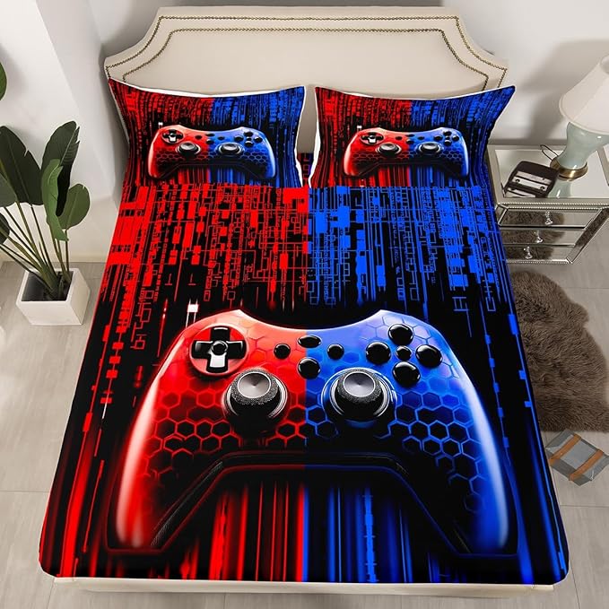 Gaming Gamepad Kids Sheet Full Size,3D Videogames Controller Bedding Set,Boys Girls Room Decor,Modern Geometric Honeycomb Hexagon Fashion Red Blue Bed Sheet Set 4pcs(Fitted + Flat + 2 Pillowcases)