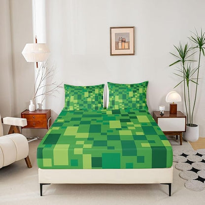 Pixelated Check Kids Full Size Fitted Sheet,Patchwork Grid Video Games Room Decor,Lattice Geometric Abstract Boys Girls Bed Sheets,Green Bedding Set,2 Pillowcases(No Flat)