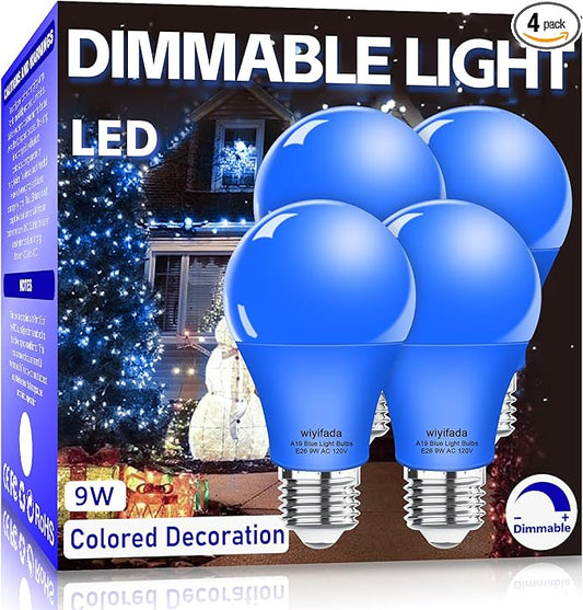 4 Pack A19 LED Blue Light Bulbs,120V E26 Christmas Blue LED Lights 9W Replace up to 100W,Dimmable Colored Light Bulbs for Thanksgiving Day, Home Lighting, Party Decoration, Holiday Lighting