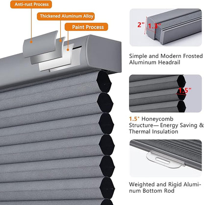 Persilux Custom Blackout Cellular Shades Cordless Blinds for Windows, Thermal Insulated, Noise Reduction, Room Darkening Honeycomb Blinds for Home, Night Grey