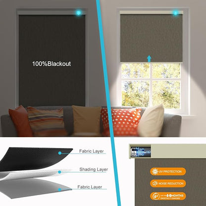 Motorized Blinds with Remote, Smart Blind Roller Shades Compatible with Alexa, Rechargeable Battery Solar Power Electric Window Blinds Motorized Shades Customized Size (Luxury-Light Brown)