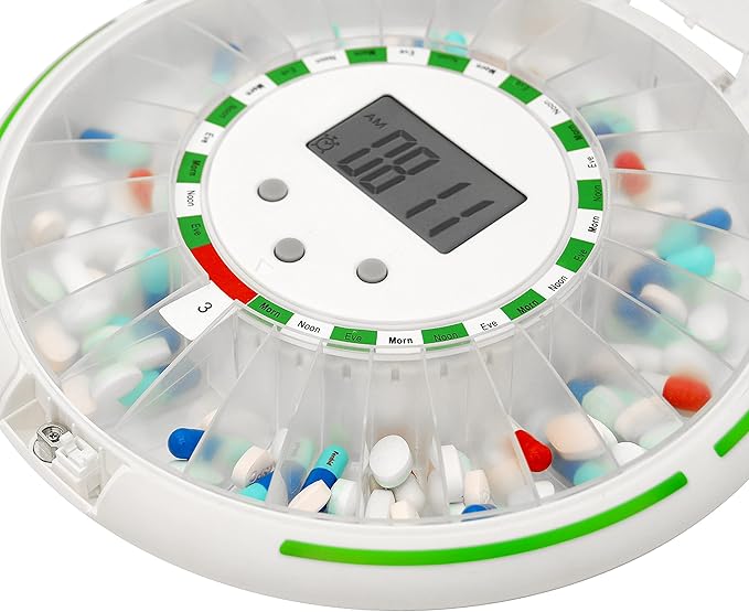 Automatic Pill Dispenser with Flashing Light, Sound, Alarm and Safety Lock, 28-Day Electronic Medication Organizer – Dispense Vitamins and Tablets Up 6 Times/Day – Easy Read Display (Clear)