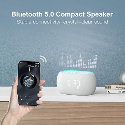 ANJANK White Noise Sound Machine Alarm Clock with Hi-Fi Bluetooth Speaker, 21 Soothing Sounds/7 Night Lights, 0-100% Dimmer/Sleep Timer/Volume Control, Soother for Adults Kids Sleeping, Bedroom, White