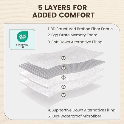 QUIETSEA Reversible Queen Mattress Topper Egg Crate Memory Foam Mattress Topper, Bamboo Viscose Mattress Pad Queen, Noiseless Waterproof Mattress Cover with Deep Pocket Stretches up to 21", 60" x 80"