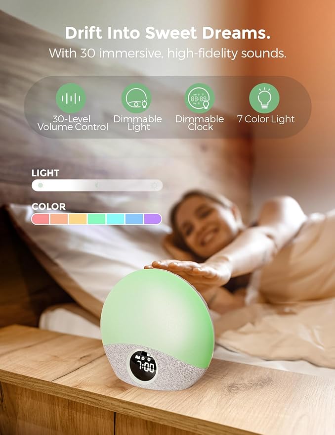 Momcozy Wake Up Light Baby Sound Machine, Adult White Noise Machine with Dimmable Night Light, 30 Soothing Sleep Sounds 7 Colors, Alarm Clock for Heavy Sleepers, Bedroom