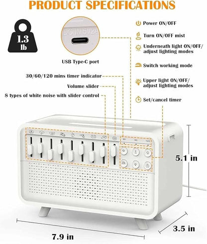 White Noise Night Light Diffuser Humidifier, 3-in-1 Speaker Machine Humidifier with 8 Ambient Sounds, Perfect for Sleep, Meditation, Work, Learning, Yoga - Great Gift for Life (White)