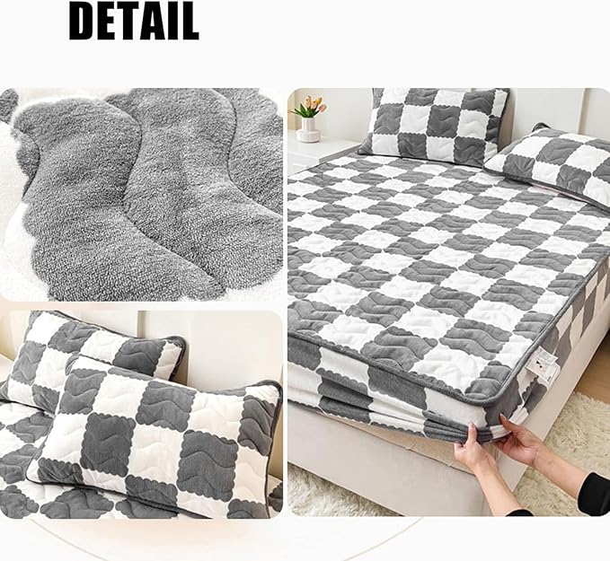 Milk Velvet Checkered Bedding Mattress Cover, Super Soft Elastic Bed Sheets with Pillowcase - Washable 12'' Deep Pocket Mattress Pad